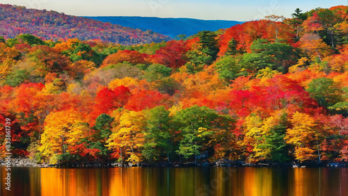 Colorful forest in autumn along the river 