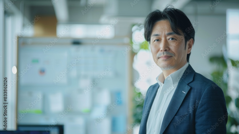 A professional man in a suit standing in an office with a whiteboard and plants in the background. A professional man in a suit standing in an office with a whiteboard and plants in the background.