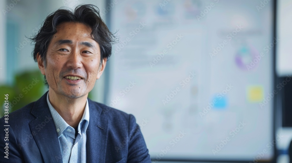Fototapeta premium Smiling Asian man in suit seated in frontof a presentation screen with colorful charts and graphs.