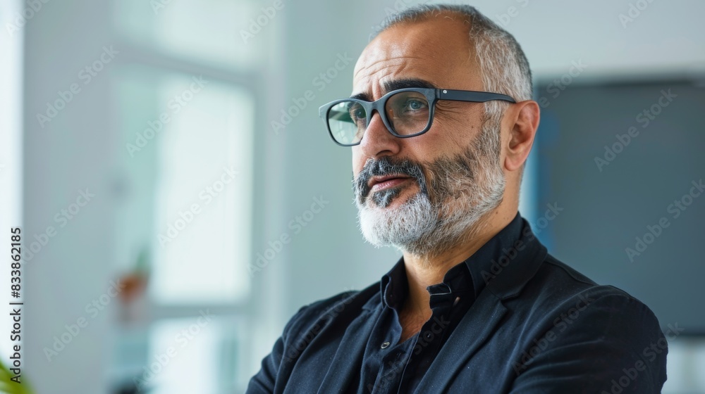 A man with a beard and glasses wearing a dark suit looking contemplative with his arms crossed. A man with a beard and glasses wearing a dark suit looking contemplative with his arms crossed.