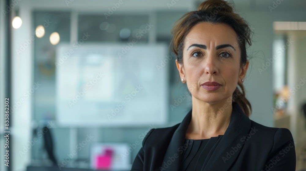 A woman with a serious expression wearing a black blazer standing in an office environment with a blurred background. A woman with a serious expression wearing a black blazer standing in an office environment with a blurred background.