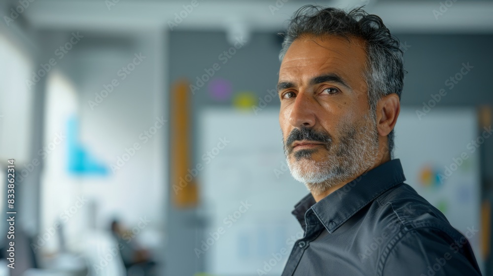 A man with a beard and mustache wearing a dark shirt standing in an office with a whiteboard and a window in the background. A man with a beard and mustache wearing a dark shirt standing in an office with a whiteboard and a window in the background.