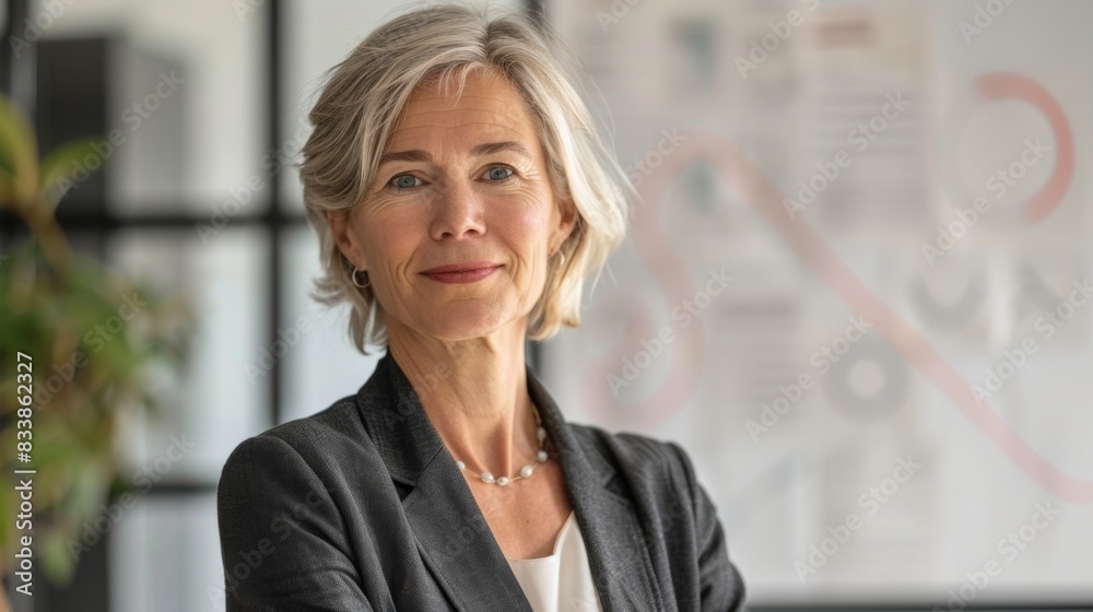 A poised middle-aged woman with short blonde hair wearing a dark blazer and a pearl necklace smiling at the camera in a professional setting with blurred office decor in the background. A poised middle-aged woman with short blonde hair wearing a dark blazer and a pearl necklace smiling at the camera in a professional setting with blurred office decor in the background.