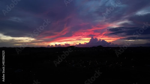 Drone view of beautiful sunset over Panamerican highway and cityscape in Panama, Central America photo