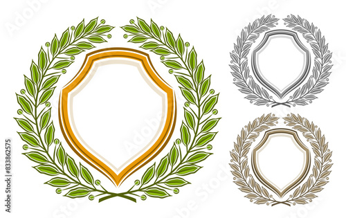 Vector Laurel Wreath Set, collection of 3 isolated illustrations decorative old crests with circle laurel wreath with copy space, group of various medieval crest layouts for text on white background