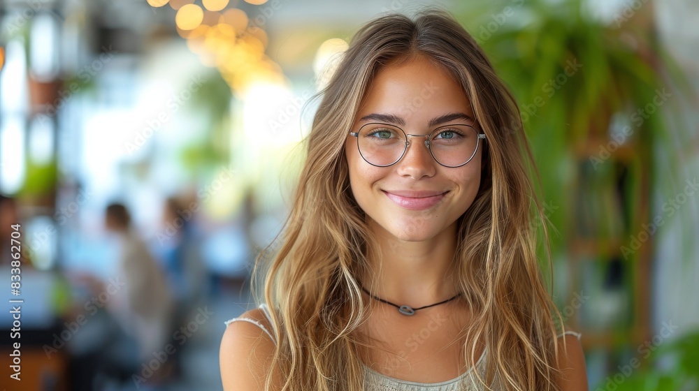 In a bright, contemporary cafe, a cheerful young woman with glasses exudes confidence and joy. She is stylish in a joyful and lively environment, radiating positivity and happiness In a bright, contemporary cafe, a cheerful young woman with glasses exudes confidence and joy. She is stylish in a joyful and lively environment, radiating positivity and happiness