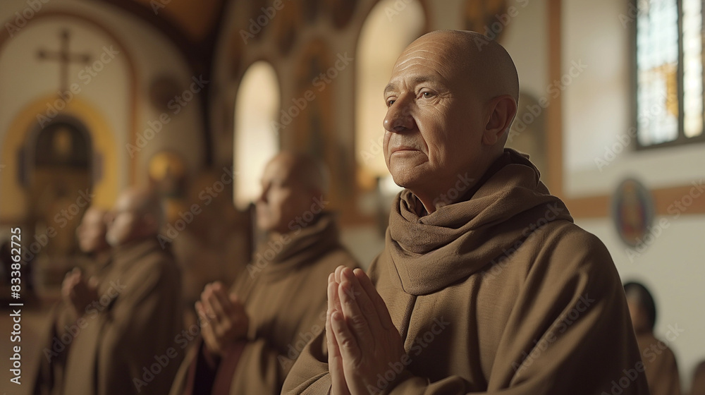 Fototapeta premium Monks praying solemnly inside a softly lit church.