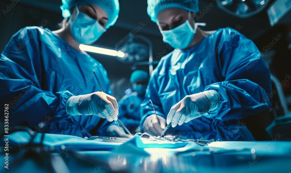 Skilled surgeons performing complex operation in modern hightech ...