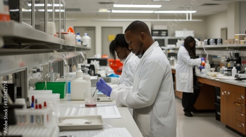 In a modern laboratory  a team of scientists in white lab coats are conducting experiments and research to advance scientific knowledge. Their work involves precision  teamwork  and innovation