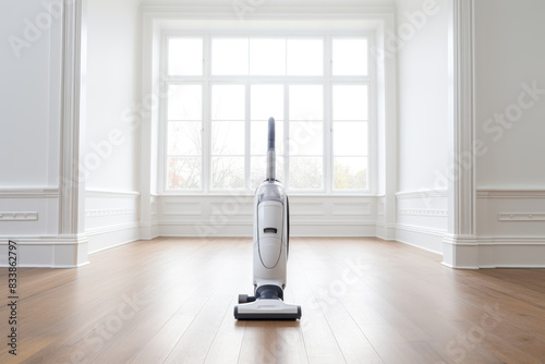 A traditional upright vacuum cleaner standing proudly in the corner of a bright white living room, its classic design reminiscent of a bygone era of household cleaning. photo