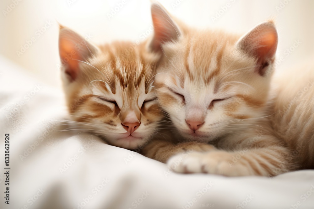 A pair of adorable kittens cuddling together, their tiny paws intertwined against a soft white background A pair of adorable kittens cuddling together, their tiny paws intertwined against a soft white background