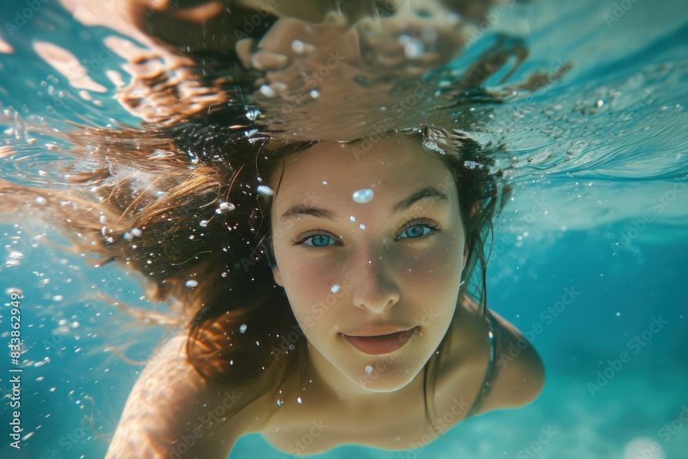 Youthful female face emerges with a tranquil expression, surrounded by the serene blues of water Youthful female face emerges with a tranquil expression, surrounded by the serene blues of water