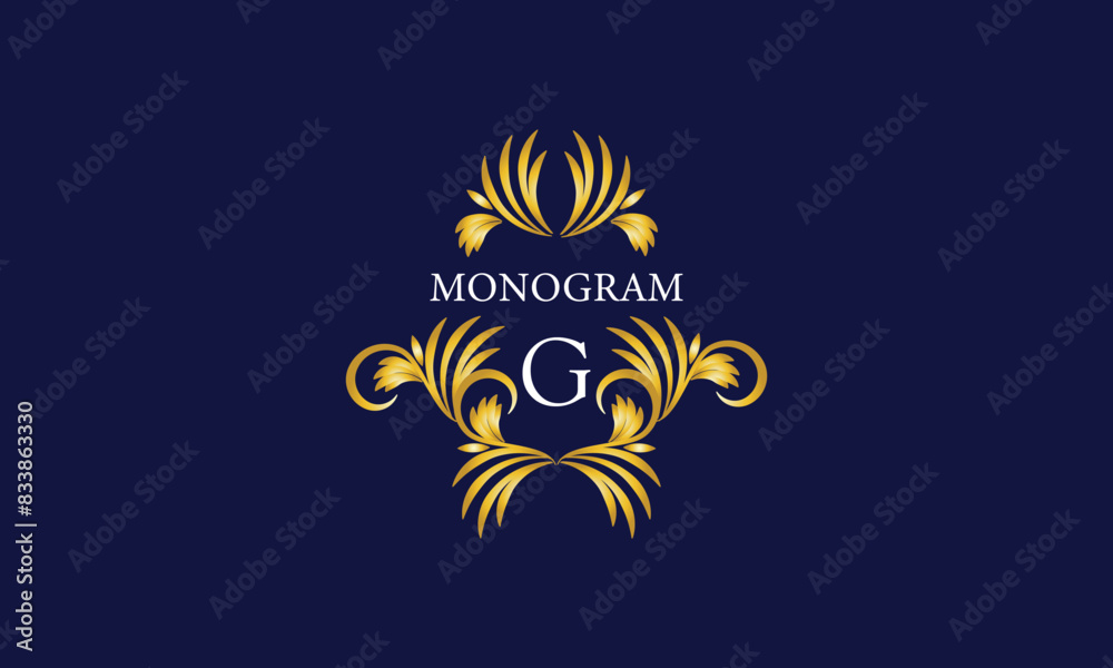 Obraz premium Luxury emblem monogram logo with initial letter G. Ornate gold frame illustration. Invitation, wedding, label, restaurant, heraldry
