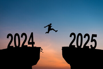 Welcome Merry Christmas in 2025. A young man jump between 2024 and 2025 years over the sun and through on the gap of hill silhouette evening colorful sky. Happy new year. Vector illustration.