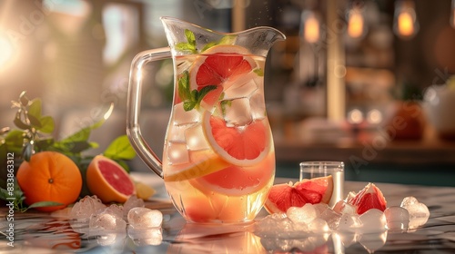 A pitcher filled with ice cubes and slices of citrus fruits, ready to infuse water with a burst of flavor and a cooling sensation.
