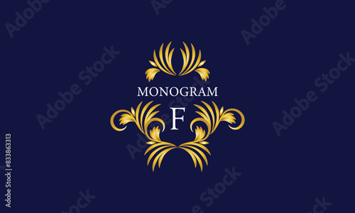 Luxury emblem monogram logo with initial letter F. Ornate gold frame illustration. Invitation  wedding  label  restaurant  heraldry