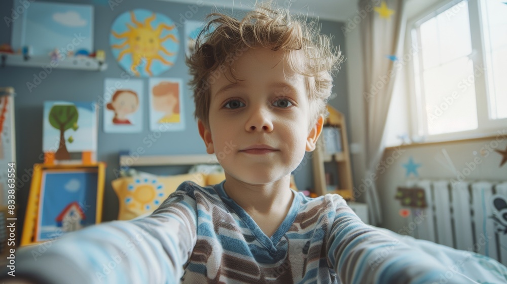 Young boy with curly hair wearing striped pajamas taking a selfie in a colorful child-friendly room with a window and artwork on the wall. Young boy with curly hair wearing striped pajamas taking a selfie in a colorful child-friendly room with a window and artwork on the wall.