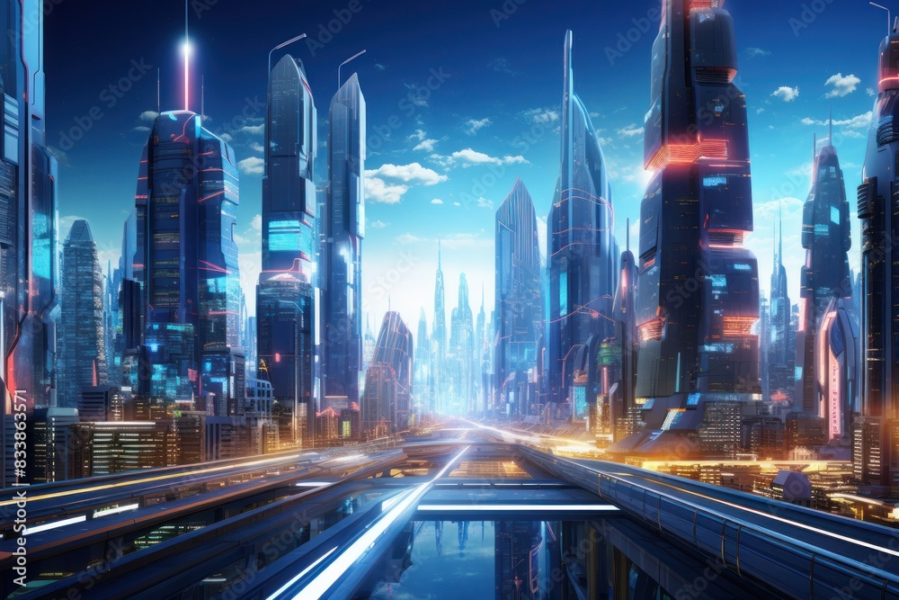 A futuristic cityscape dominated by towering AI-powered buildings, their sleek designs bathed in neon light,