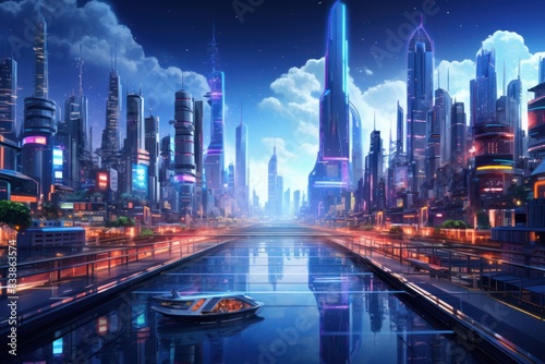 A futuristic cityscape dominated by towering AI-powered buildings, their sleek designs bathed in neon light, © Phuwadon