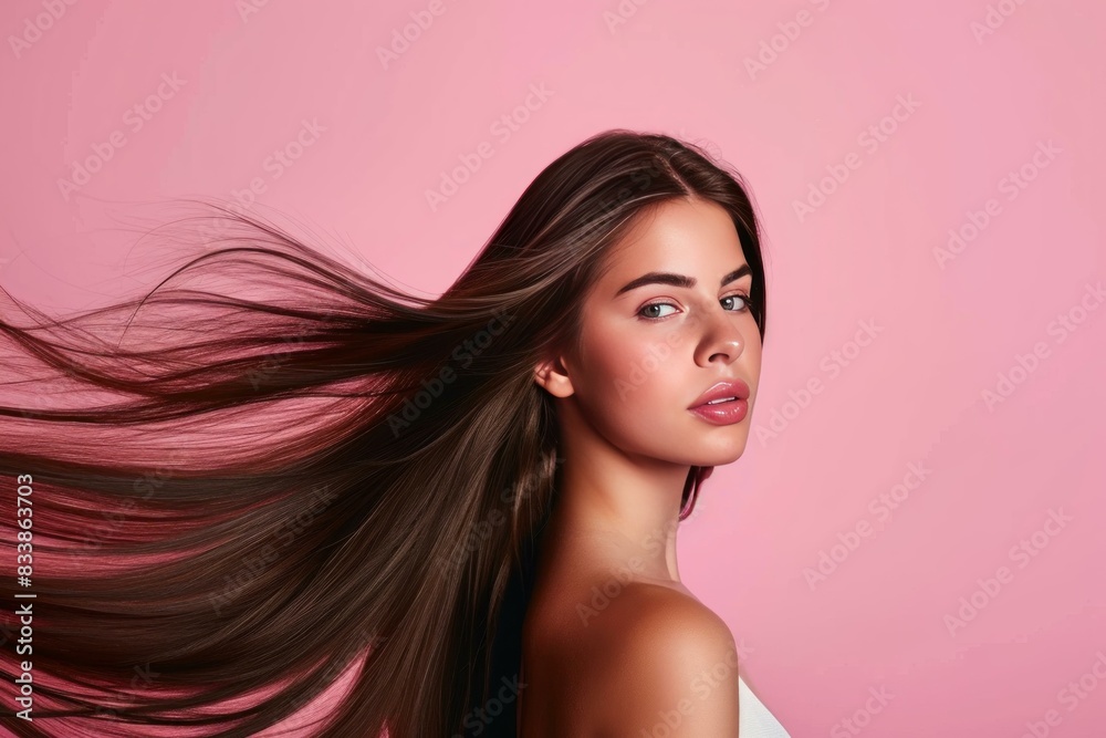 Portrait of a beautiful young woman with long, luscious hair blowing in the breeze against a pink backdrop Portrait of a beautiful young woman with long, luscious hair blowing in the breeze against a pink backdrop