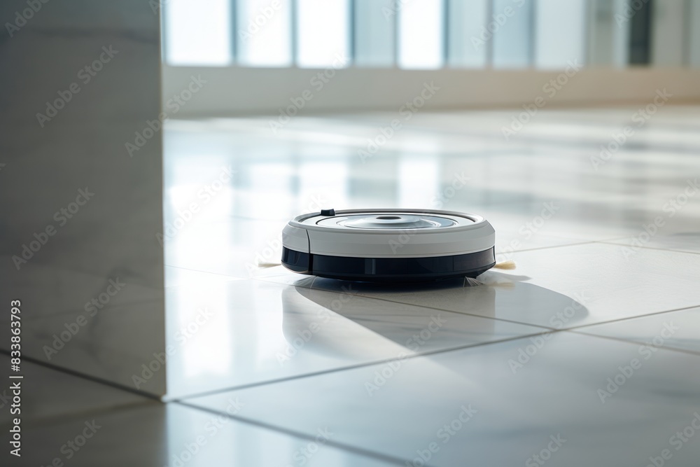 modern robotic vacuum cleaner gliding effortlessly over a pristine white marble floor, casting a soft shadow behind it. modern robotic vacuum cleaner gliding effortlessly over a pristine white marble floor, casting a soft shadow behind it.