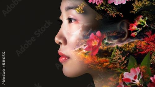 Nature-Inspired: a Young Asian Korean Woman amidst Scenic Nature and Vibrant Florals