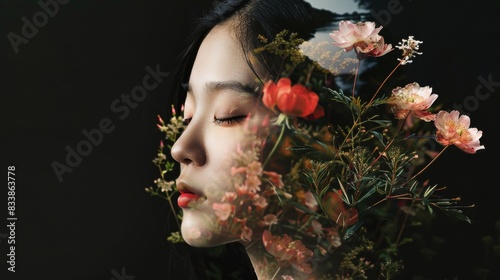 Nature-Inspired: a Young Asian Korean Woman amidst Scenic Nature and Vibrant Florals