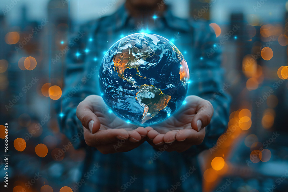 Fototapeta premium Businessman holding illuminated digital globe showcasing global business network and digital strategy