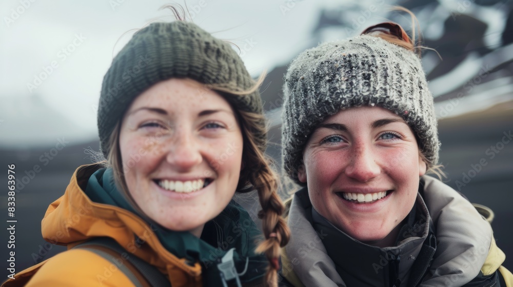 Two women smiling in winter gear with mountainous background enjoying outdoor adventure. Two women smiling in winter gear with mountainous background enjoying outdoor adventure.