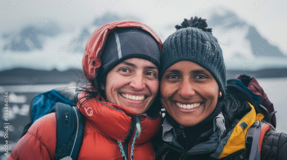 Two women bundled up in winter gear smiling at the camera standing in front of a snowy mountain landscape with backpacks indicating they are on an outdoor adventure. Two women bundled up in winter gear smiling at the camera standing in front of a snowy mountain landscape with backpacks indicating they are on an outdoor adventure.
