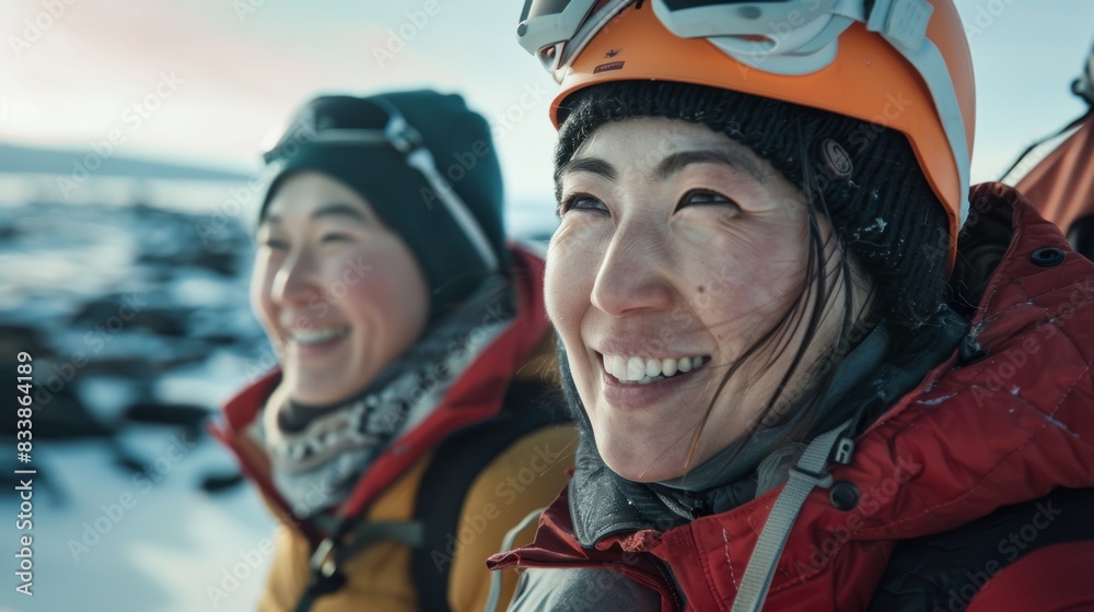 Two smiling Asian women in winter gear with one wearing an orange helmet standing on a snowy mountain with a clear sky in the background. Two smiling Asian women in winter gear with one wearing an orange helmet standing on a snowy mountain with a clear sky in the background.