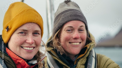 Two smiling women wearing winter hats and jackets enjoying a moment together outdoors.
