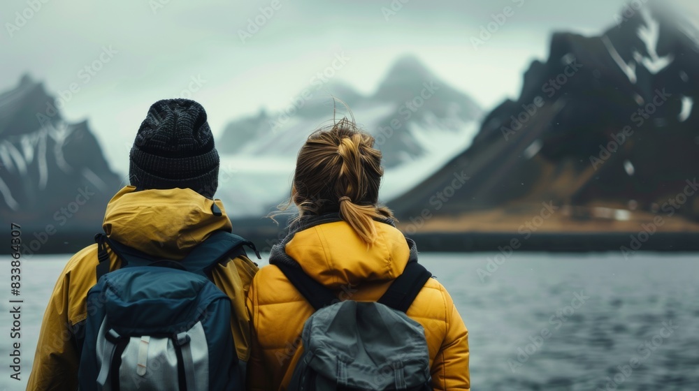 Two hikers bundled up in jackets and beanies with backpacks standing on a rocky shore overlooking a serene lake with majestic mountains in the background under a cloudy sky. Two hikers bundled up in jackets and beanies with backpacks standing on a rocky shore overlooking a serene lake with majestic mountains in the background under a cloudy sky.