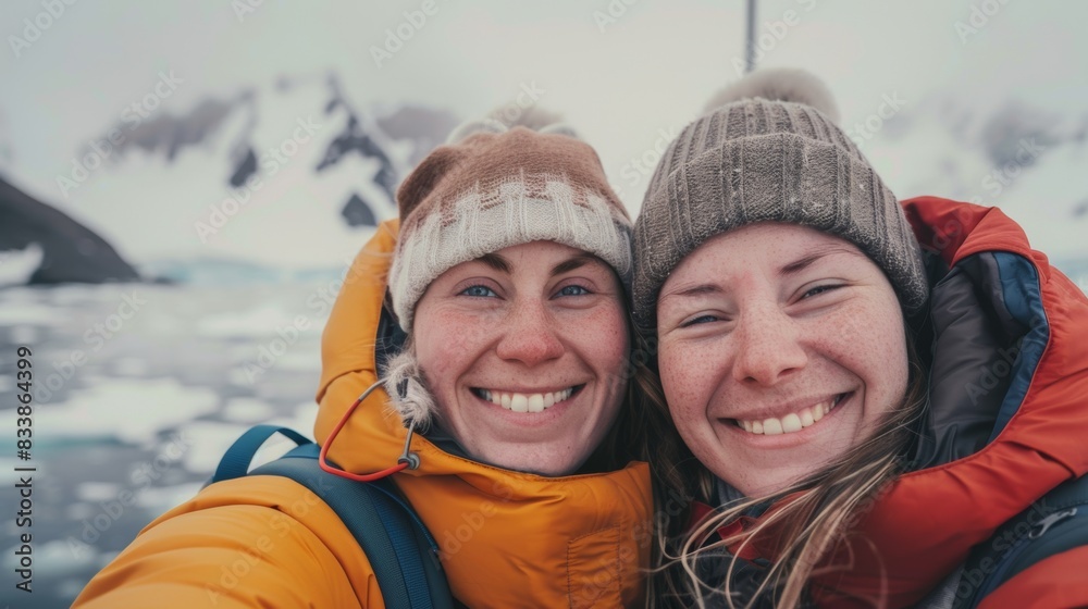 Two women smiling at the camera wearing winter clothing and hats standing in front of a snowy mountain landscape. Two women smiling at the camera wearing winter clothing and hats standing in front of a snowy mountain landscape.