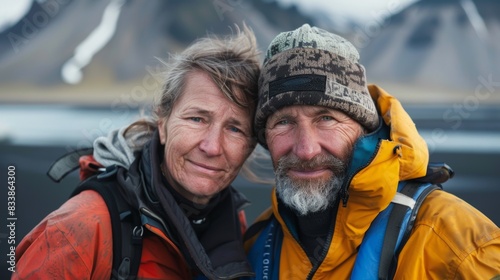 Two elderly hikers posing for a photo in a mountainous landscape smiling wearing winter gear and surrounded by a serene environment.