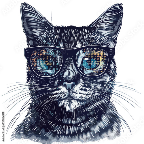 Cool Cat Wearing Glasses With Digital Code Reflections, Cat vector design