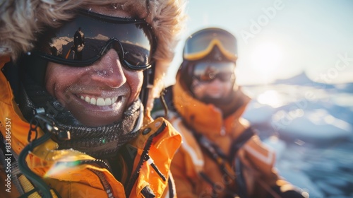 Two smiling adventurers bundled up in winter gear wearing goggles standing in the snow with a mountainous backdrop enjoying a sunny day in the outdoors. photo
