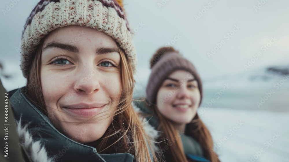 Two smiling women with winter hats enjoying a snowy landscape. Two smiling women with winter hats enjoying a snowy landscape.