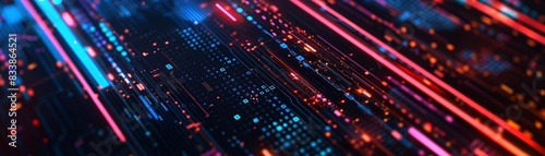 Abstract futuristic background with red and blue glowing lines.