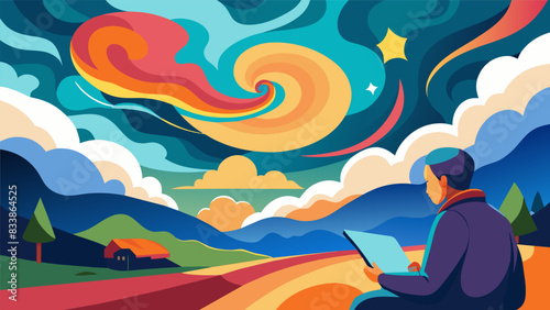 Swirling clouds and vibrant colors are brought to life on the page as a person sketches the everchanging sky above the park.. Vector illustration