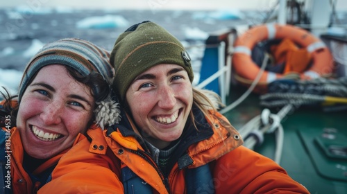 Two smiling women in orange jackets and hats taking a selfie on a boat with a life preserver in the background amidst a snowy landscape.