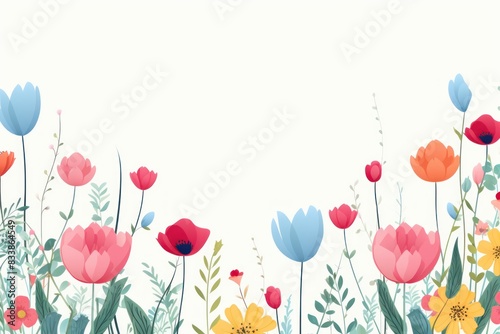 Cute cartoon flower border on a light background, vector, clean flower summer spring greetings card wedding birthday template mockup banner design digital