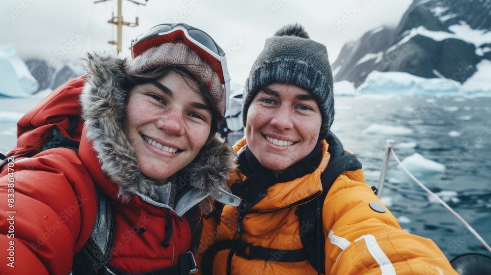 Two smiling individuals bundled up in winter gear standing on a boat with a backdrop of a snowy mountain and icy waters likely in a cold remote location. Two smiling individuals bundled up in winter gear standing on a boat with a backdrop of a snowy mountain and icy waters likely in a cold remote location.