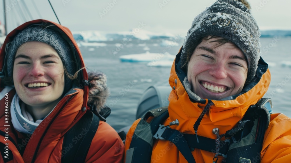 Two adventurers bundled up in winter gear smiling at the camera amidst a breathtaking icy landscape with a hint of the vast ocean and distant icebergs in the background. Two adventurers bundled up in winter gear smiling at the camera amidst a breathtaking icy landscape with a hint of the vast ocean and distant icebergs in the background.