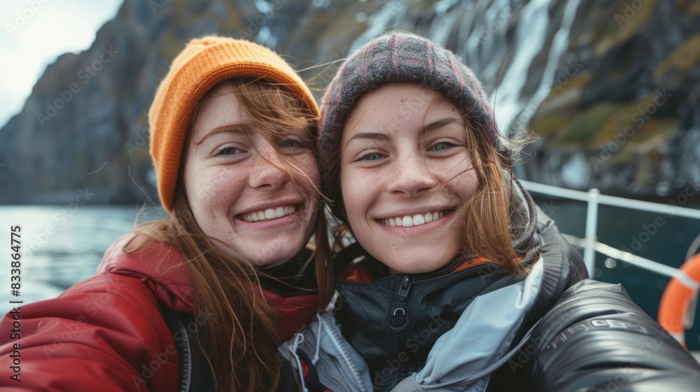 Two young women smiling at the camera wearing winter hats and jackets standing on a boat with a backdrop of a rocky cliff and a waterfall. Two young women smiling at the camera wearing winter hats and jackets standing on a boat with a backdrop of a rocky cliff and a waterfall.