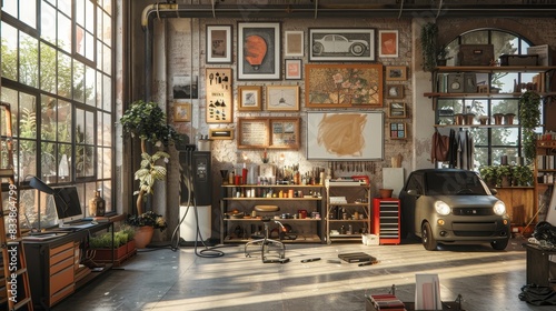A white car is parked in a garage with a lot of books and a desk