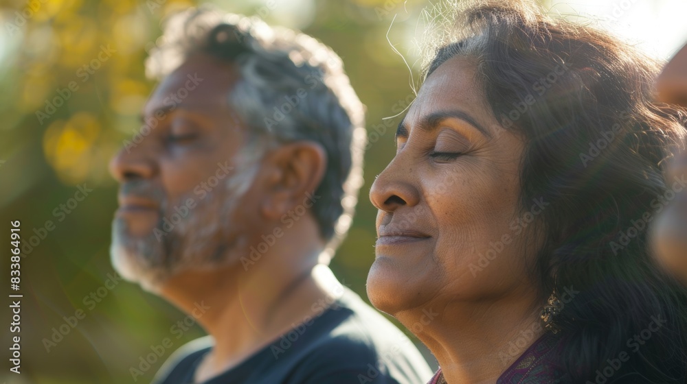 Two people in a serene setting eyes closed enjoying a moment of peace and tranquility. Two people in a serene setting eyes closed enjoying a moment of peace and tranquility.