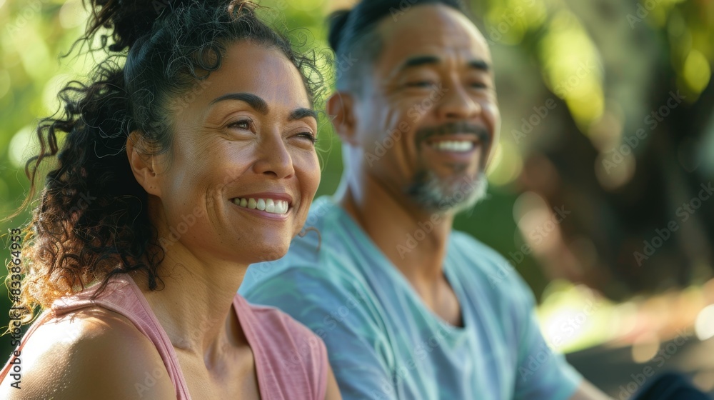 A joyful couple sharing a moment together in a park with the woman smiling brightly and the man beaming with happiness. A joyful couple sharing a moment together in a park with the woman smiling brightly and the man beaming with happiness.