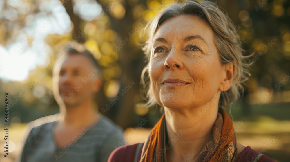 A woman with a warm smile looking up and to the side with a man in the background both in a park-like setting with blurred trees and sunlight. A woman with a warm smile looking up and to the side with a man in the background both in a park-like setting with blurred trees and sunlight.