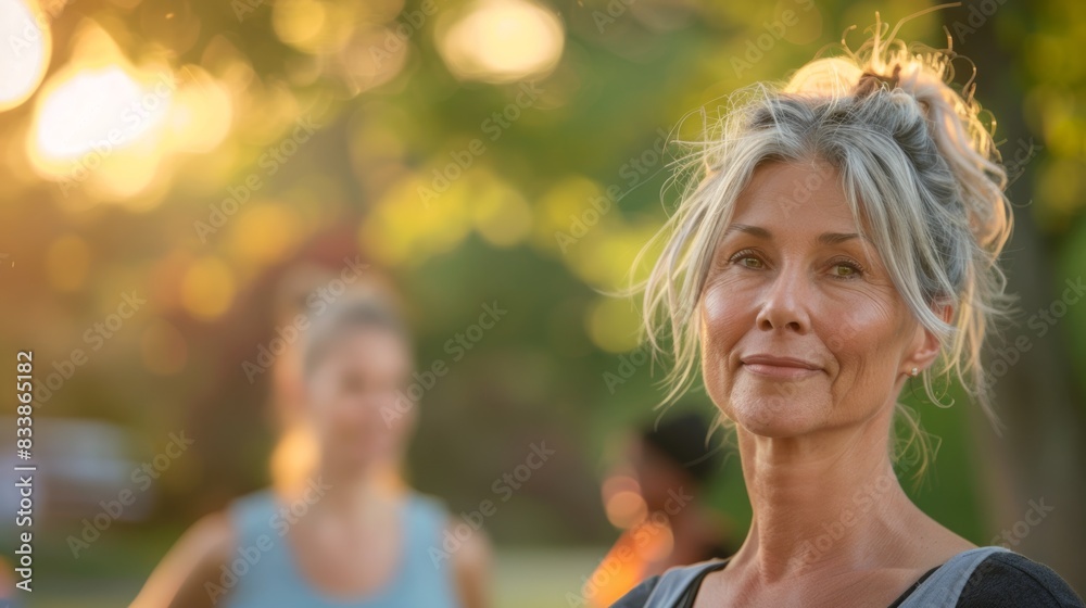 A woman with gray hair smiling standing in a park with blurred figures in the background suggesting a social gathering or event. A woman with gray hair smiling standing in a park with blurred figures in the background suggesting a social gathering or event.